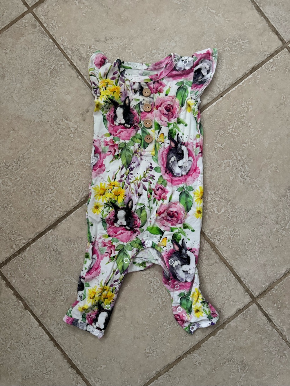 Floral Bunny Print Girls' One-Piece Romper - Pink & White